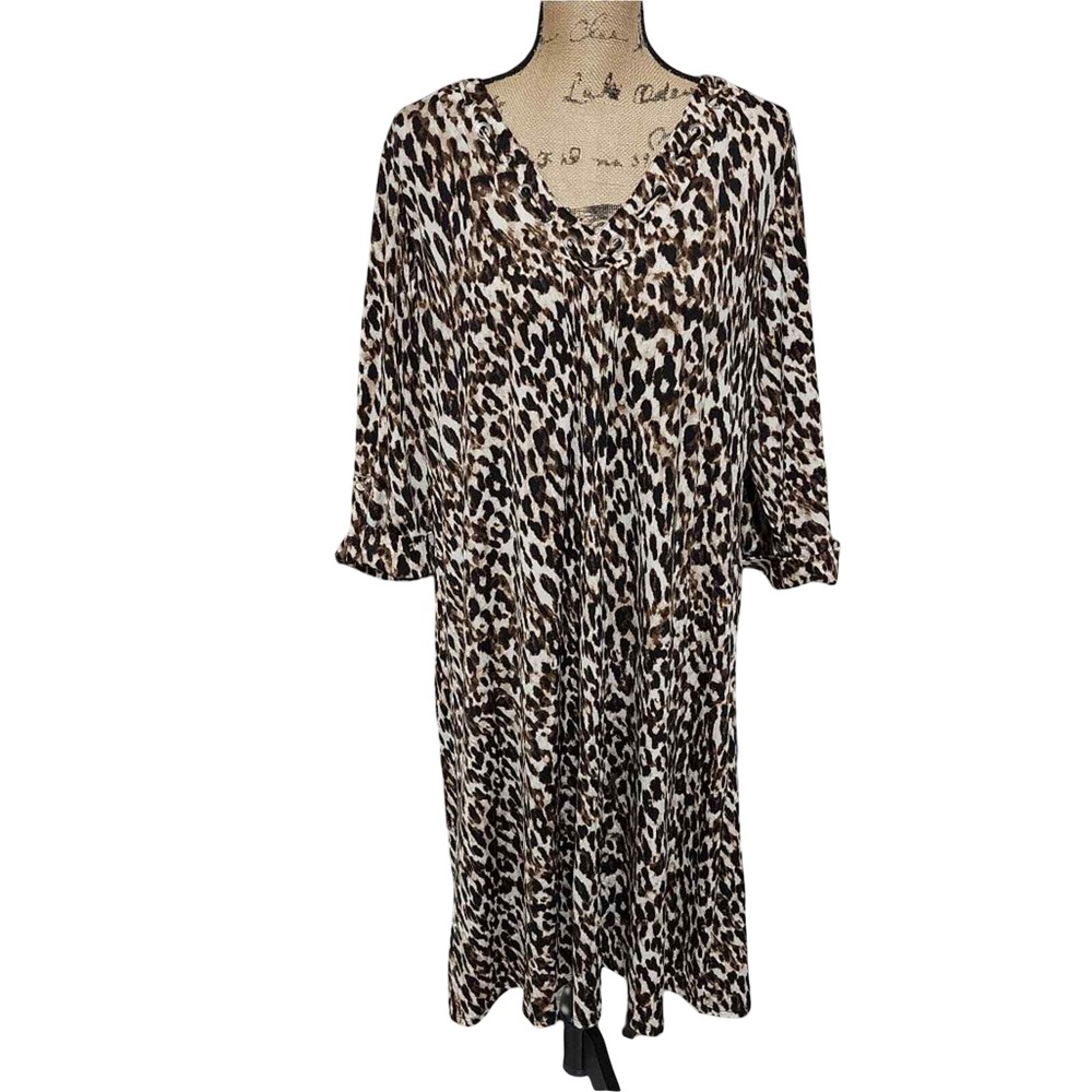 Avenue Womens Plus 18/20 2X Leopard Print V-Neck Grommet Midi Dress Brown Animal